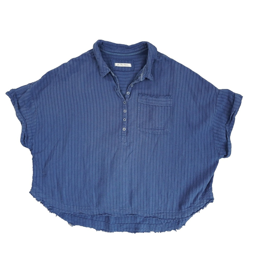 We The Free Ava Oversized Button Front Collared Top Women's Medium Blue Boho
